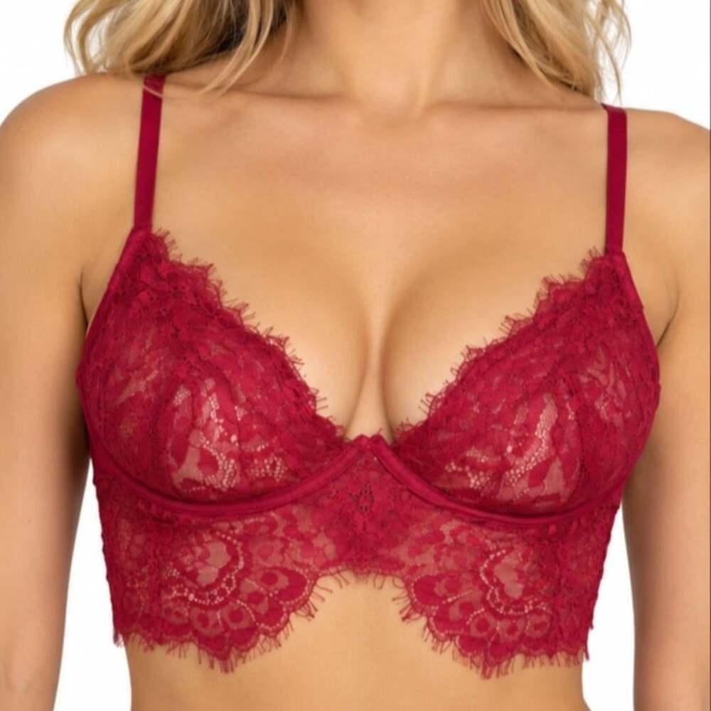 Burgundy Red Unlined Sheer Eyelash Lace Underwire Longline Bra